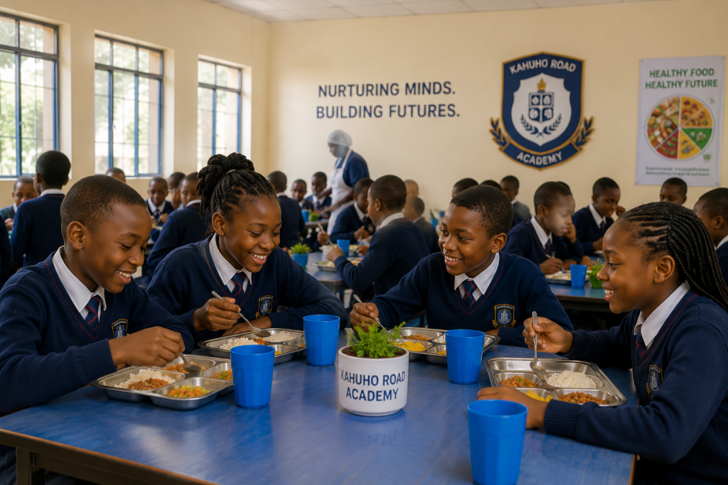 Learners sharing a meal in the school dining hall
